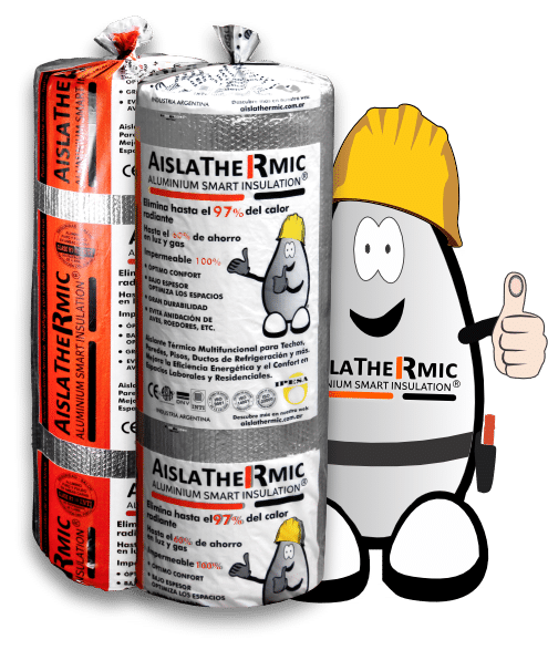 Personaje de Aislathermic junto a rollos de aislante térmico