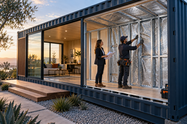 Instalación de aislante térmico reflectivo en paredes y techo de una casa modular tipo container