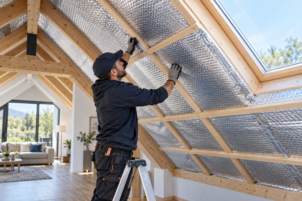 Instalación de aislante térmico reflectivo bajo el techo de una vivienda moderna