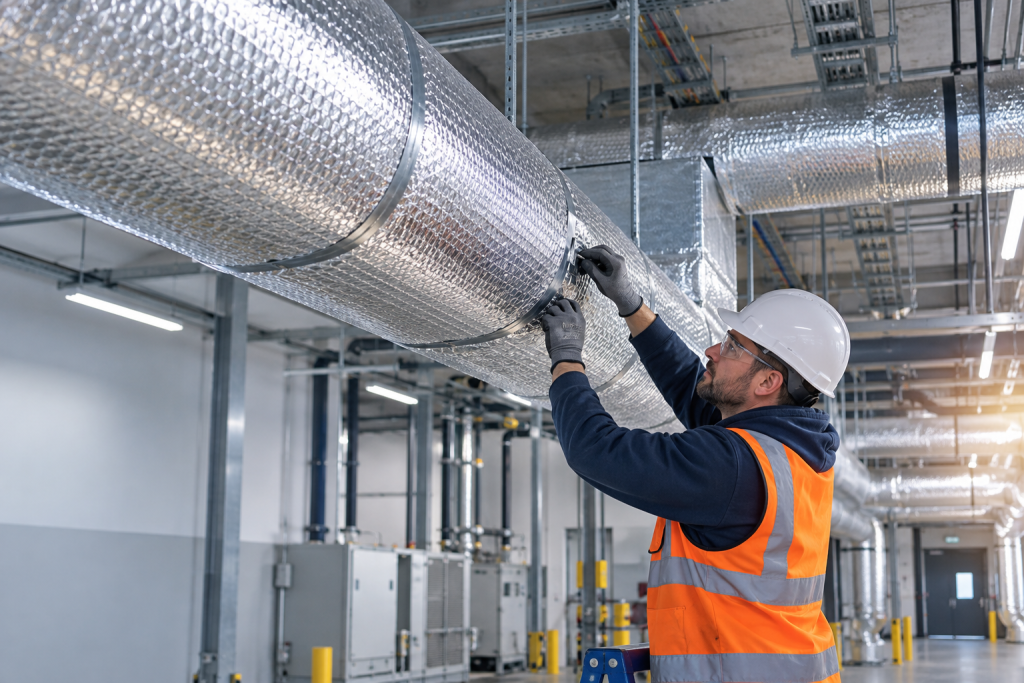 Técnico instalando aislante térmico reflectivo de aluminio alrededor de un ducto industrial