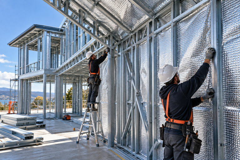 Instalación de aislante térmico reflectivo en paredes y techo de una estructura steel framing