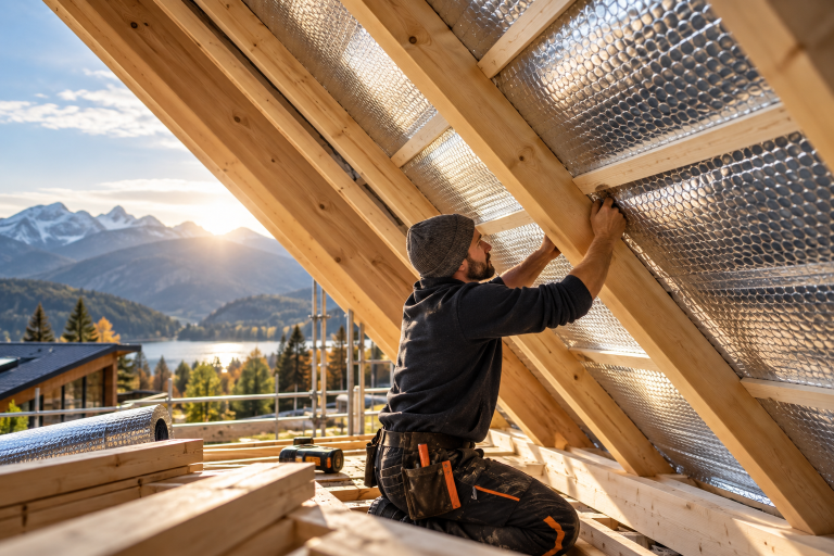 Colocación de aislante térmico reflectivo entre vigas de un techo con estructura de madera